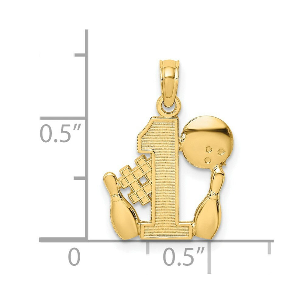 14K Yellow Gold #1 BOWLING STORY With Ball & Two Pins Charm Pendant