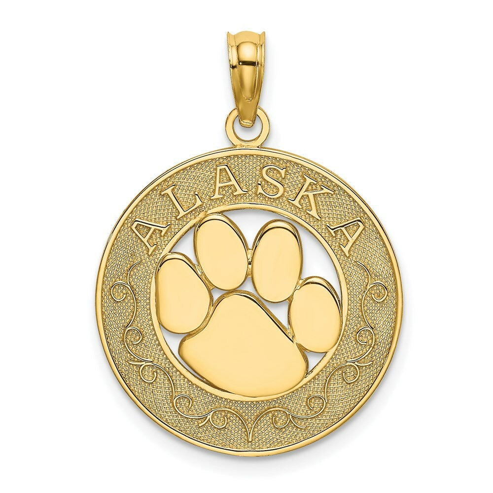 14K Yellow Gold ALASKA On Round Frame With Bear Paw Charm Pendant