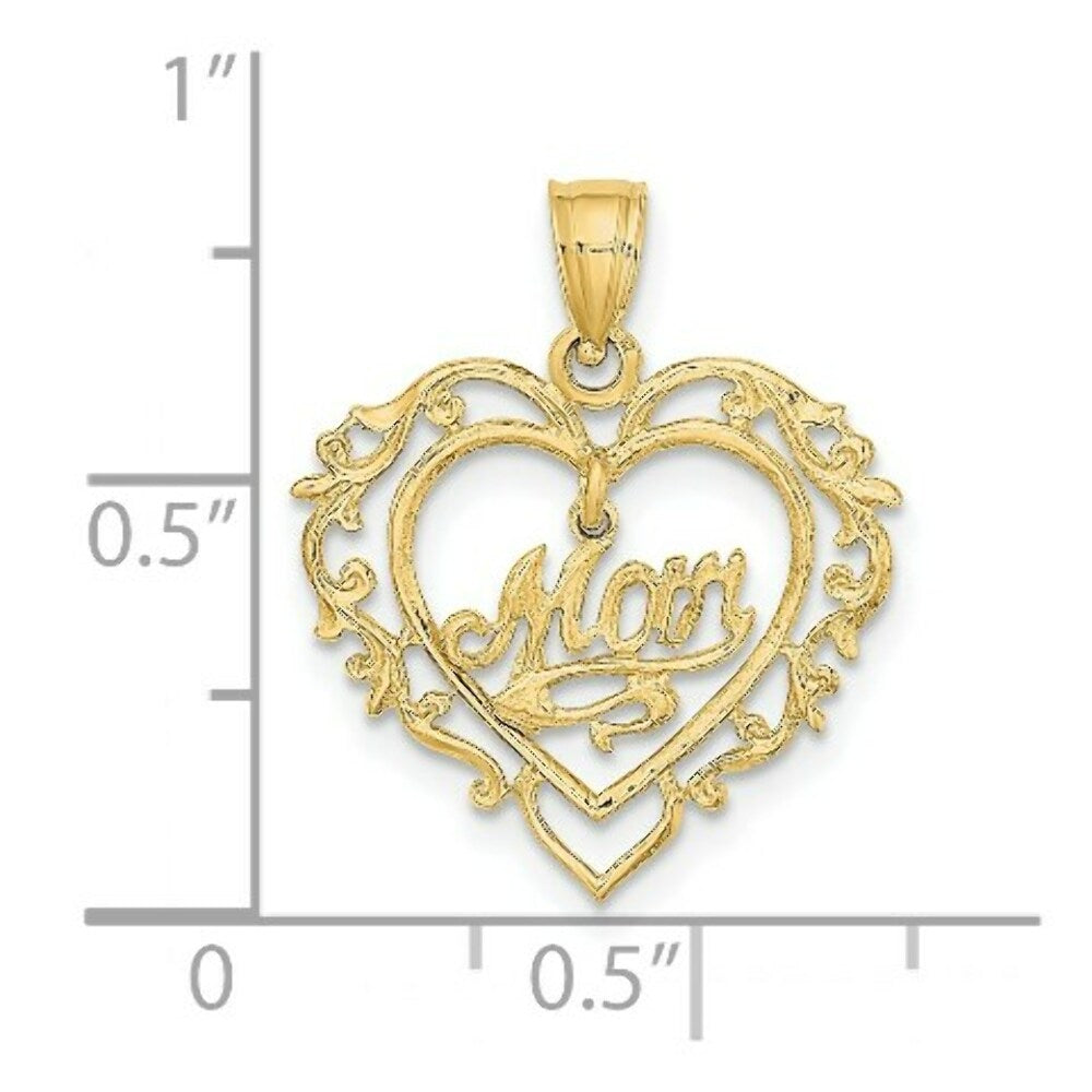 14K Yellow Gold Polished MOM Dangle in Fancy Frame Heart Pendant