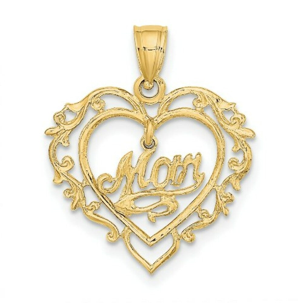 14K Yellow Gold Polished MOM Dangle in Fancy Frame Heart Pendant