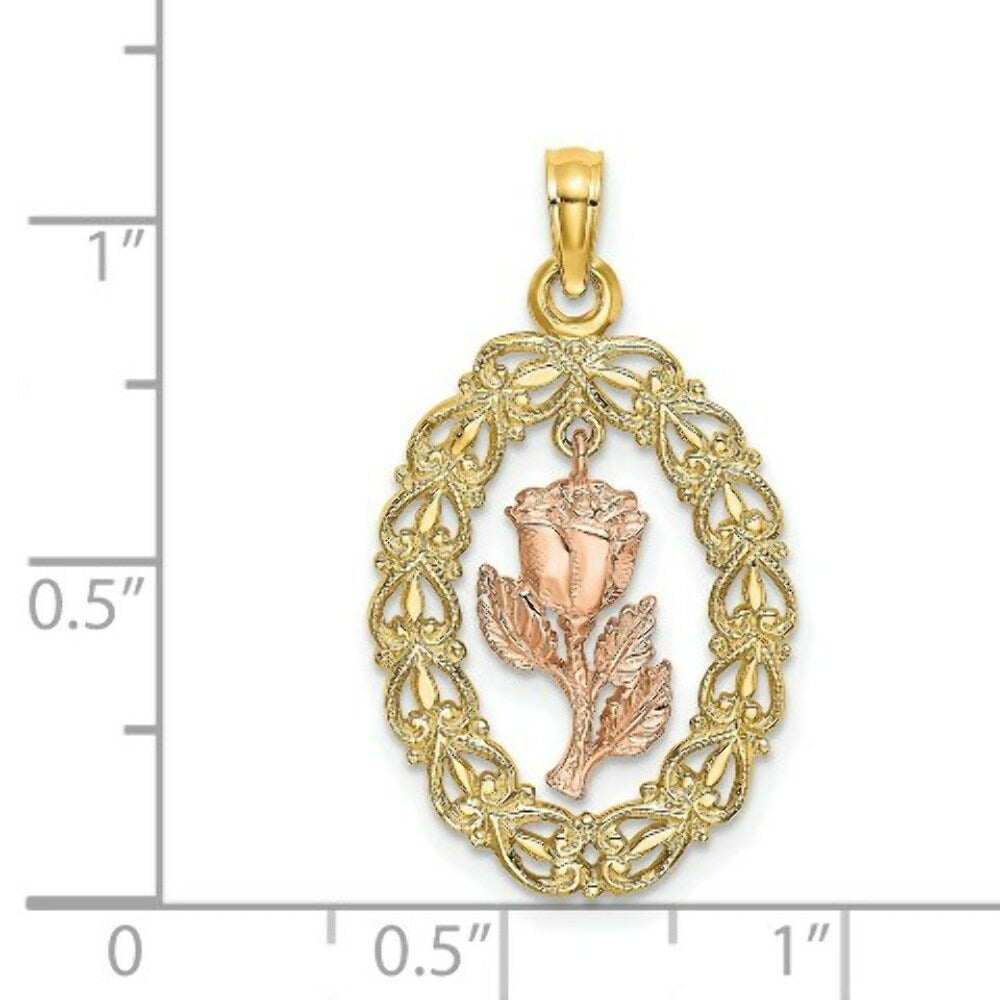14K Two-Tone Gold Textured Oval Frame Dangling Rose Charm Pendant