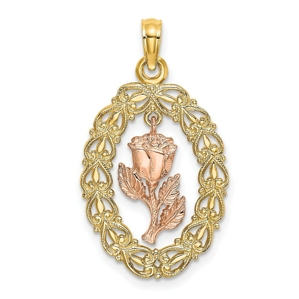 14K Two-Tone Gold Textured Oval Frame Dangling Rose Charm Pendant