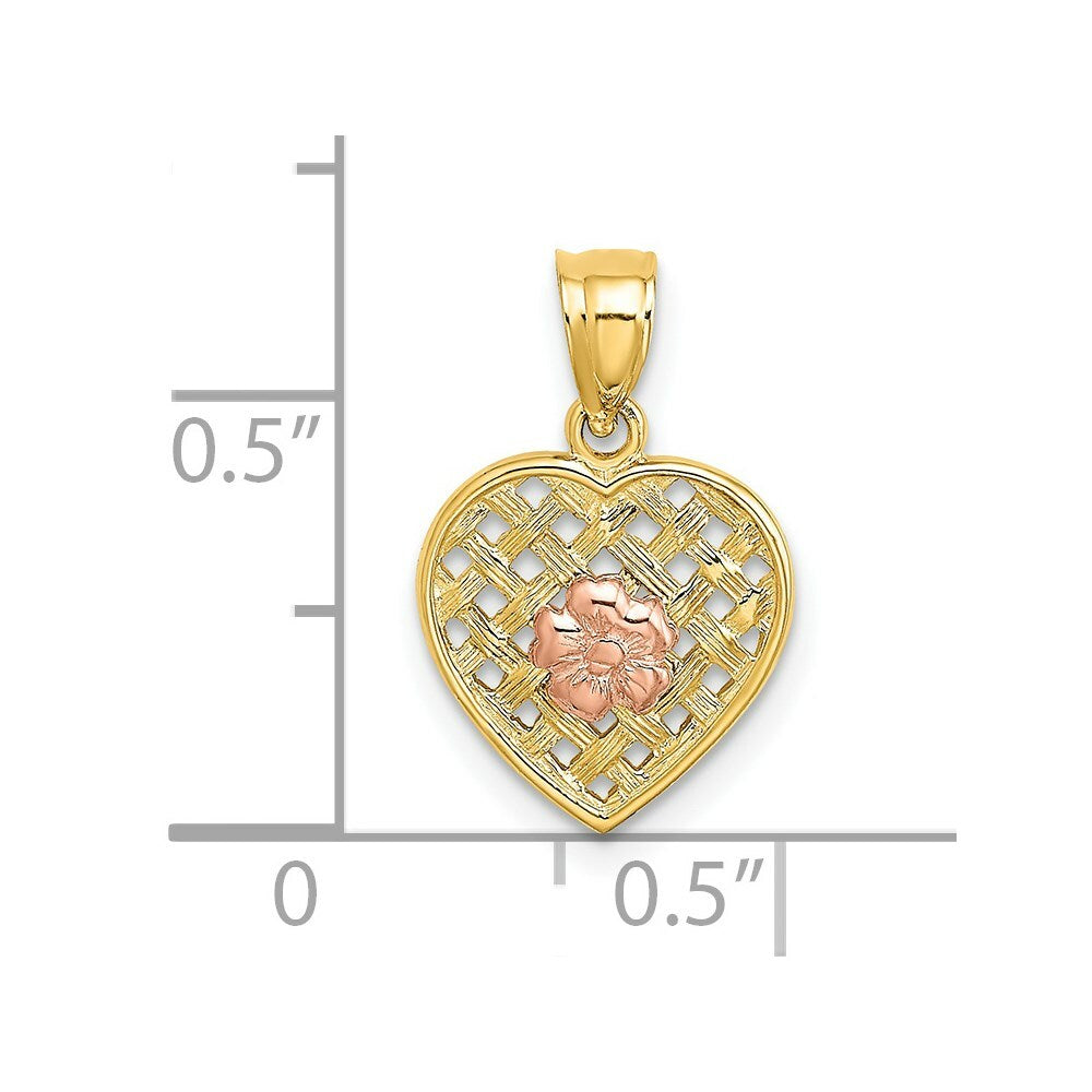 14K Two Tone Gold Flower On Waven Heart Charm Pendant
