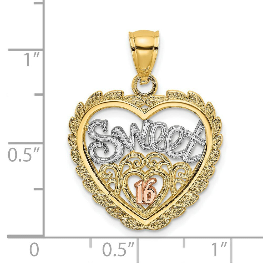 14K Tri-Color Gold SWEET 16 In Heart Charm Pendant