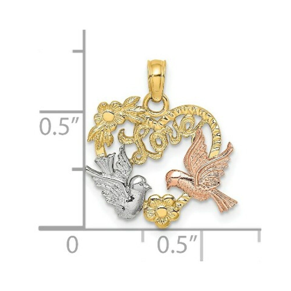 14K Two-tone Yellow and Rose Gold With Dove and Love and Heart Charm Pendant