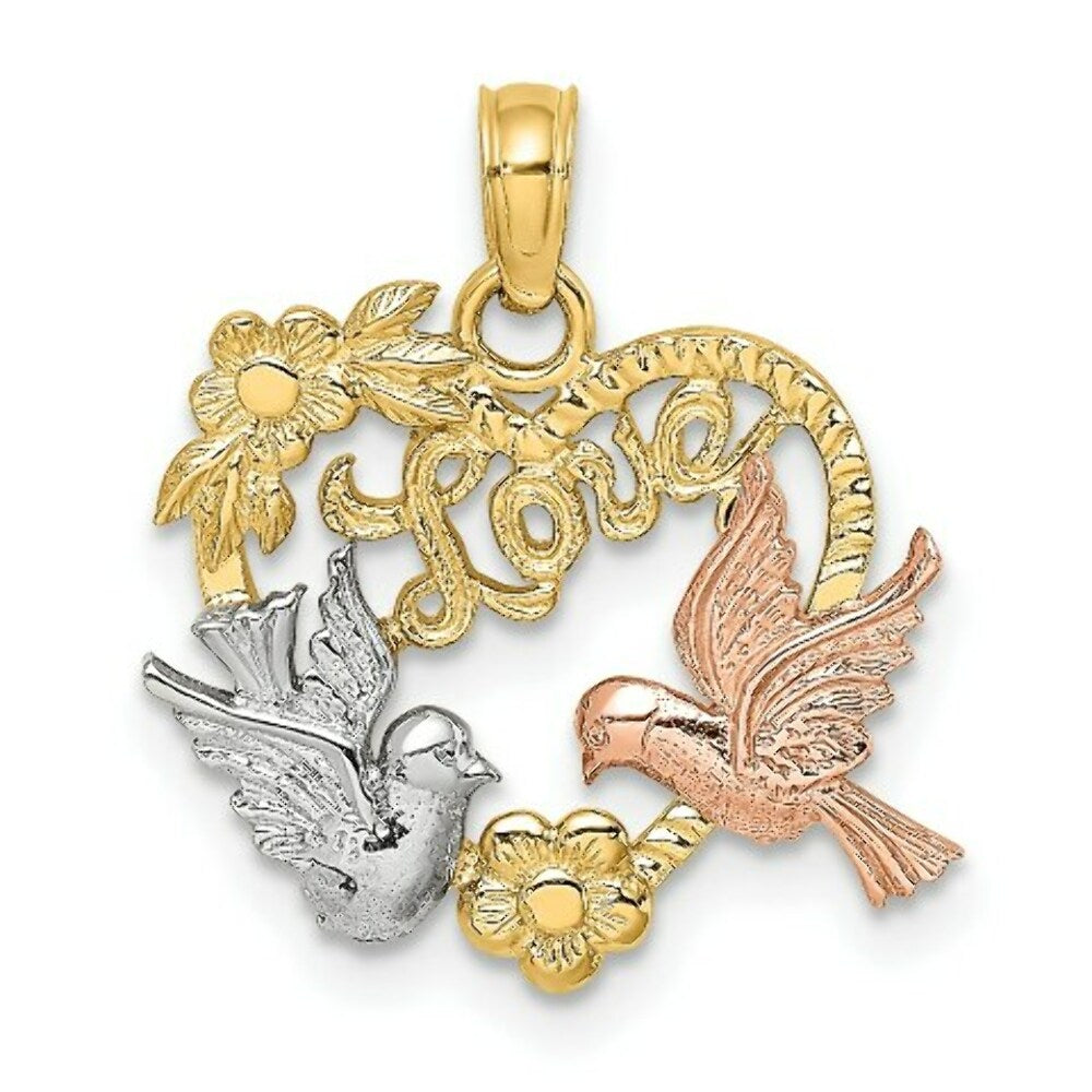 14K Two-tone Yellow and Rose Gold With Dove and Love and Heart Charm Pendant
