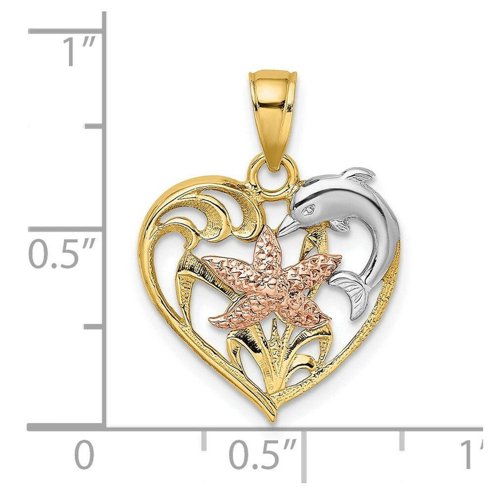 14K Tri-Color Gold Dolphin & Starfish In Heart Charm Pendant