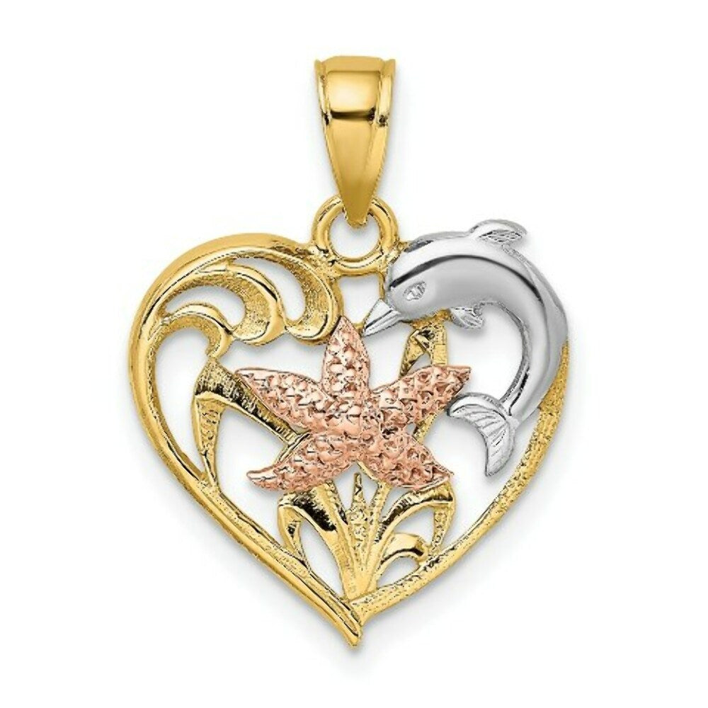 14K Tri-Color Gold Dolphin & Starfish In Heart Charm Pendant