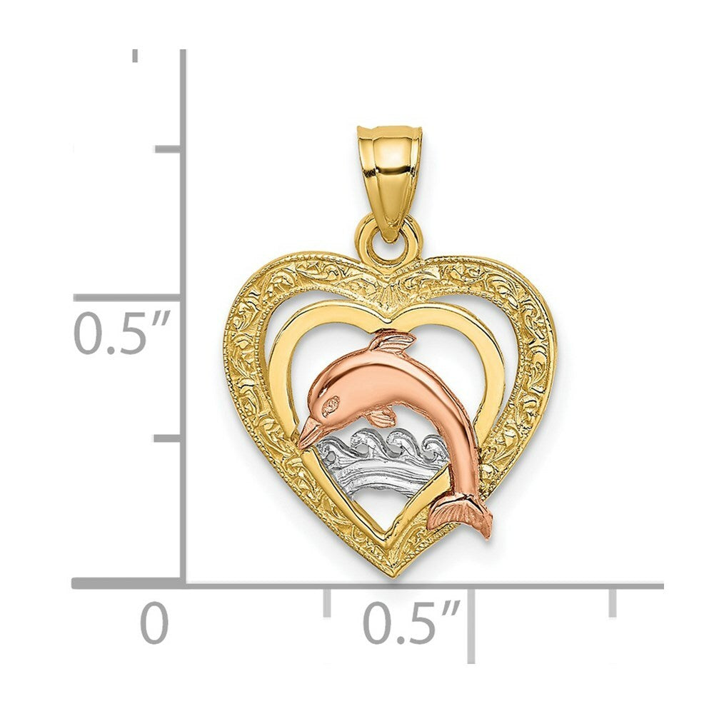 14K Tri-Color Gold Dolphin In Heart Charm Pendant