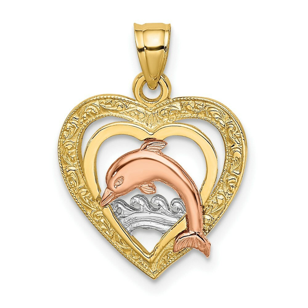 14K Tri-Color Gold Dolphin In Heart Charm Pendant
