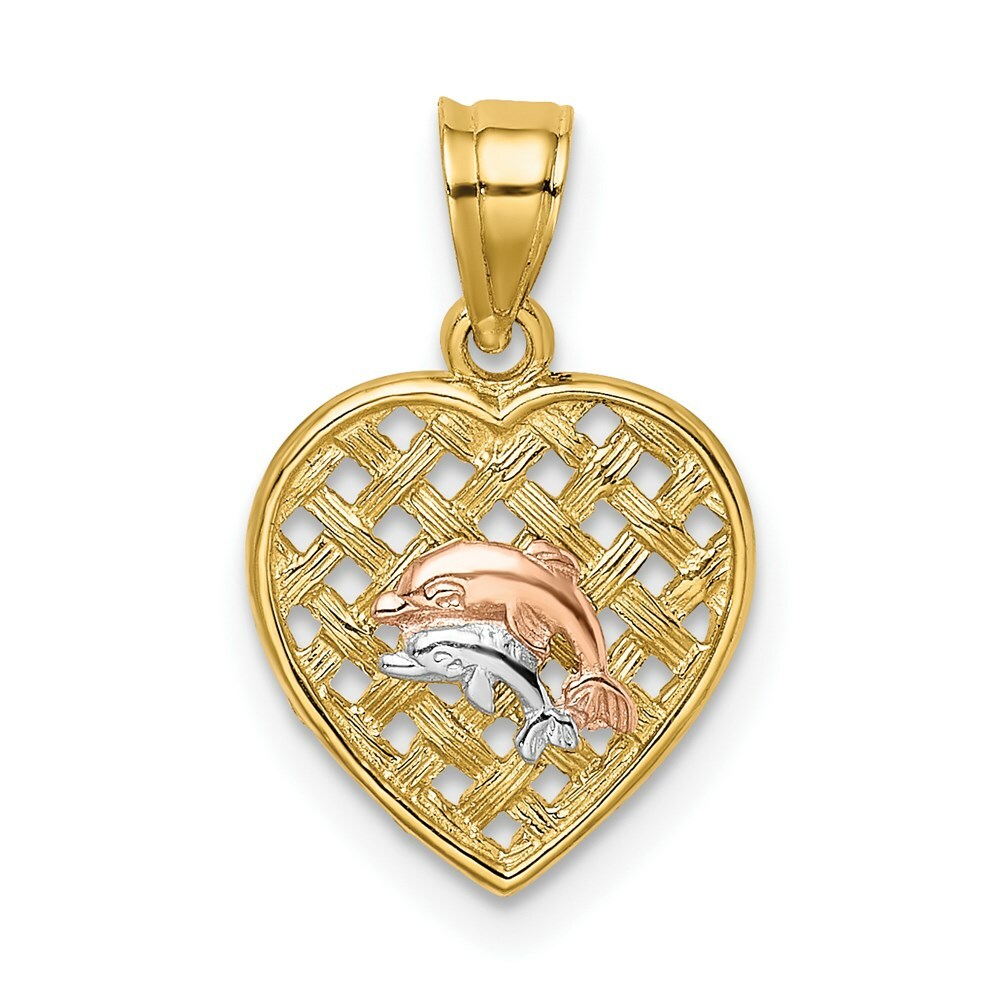 14K Tri-Color Gold Double Dolphins On Woven Heart Charm Pendant