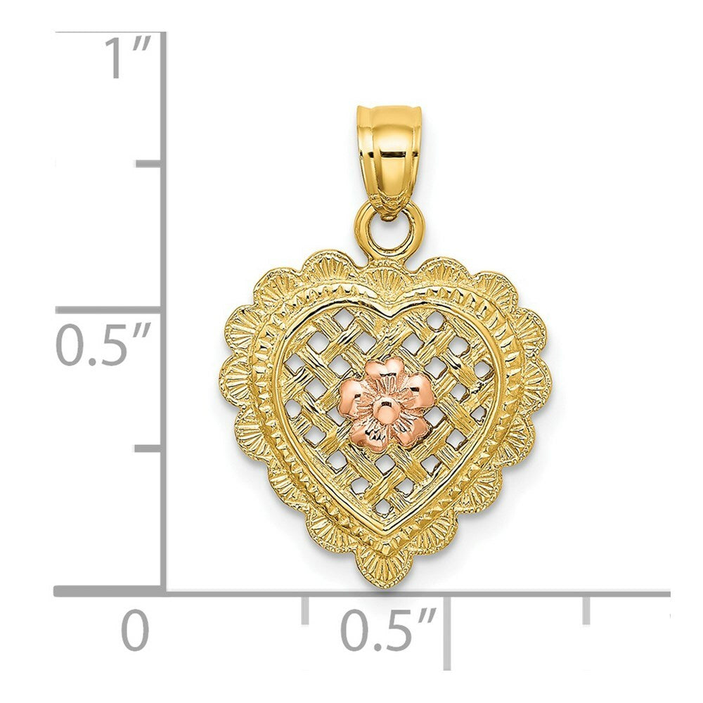 14K Two-tone Yellow & Rose Gold Flower In Heart Basket Charm Pendant