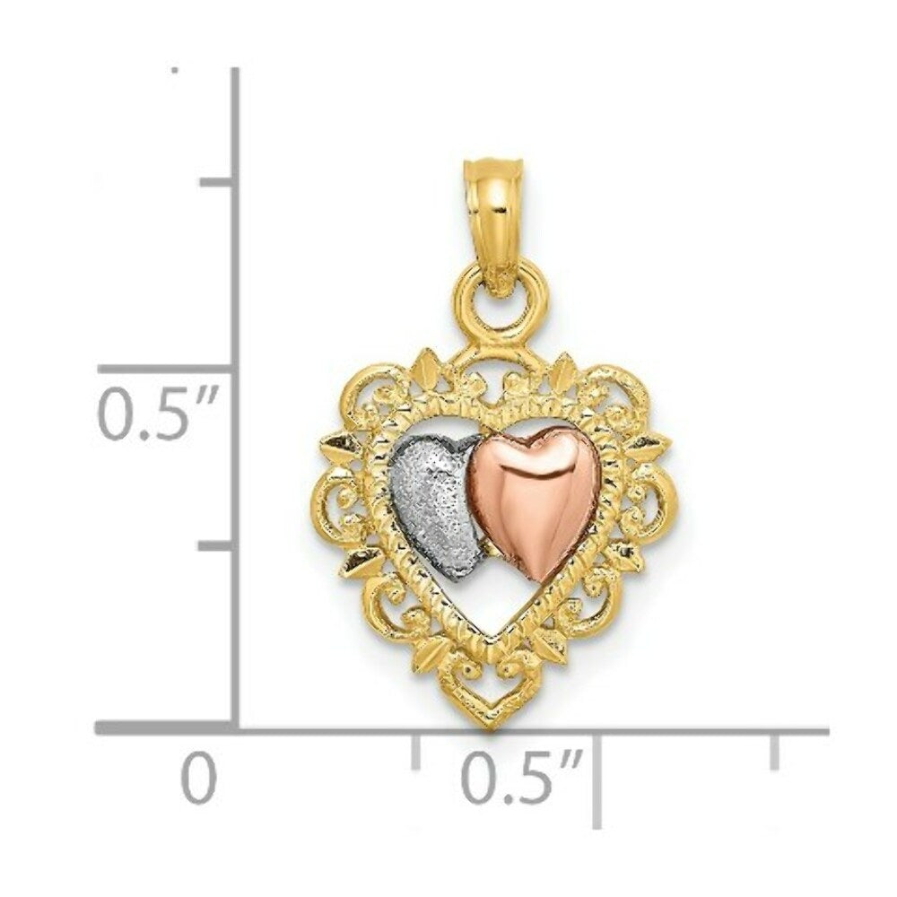 14K Two-tone Yellow & Rose Gold With Textured Hearts Charm Pendant