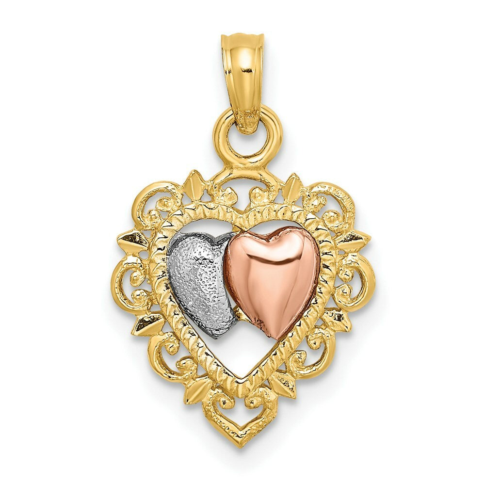 14K Two-tone Yellow & Rose Gold With Textured Hearts Charm Pendant