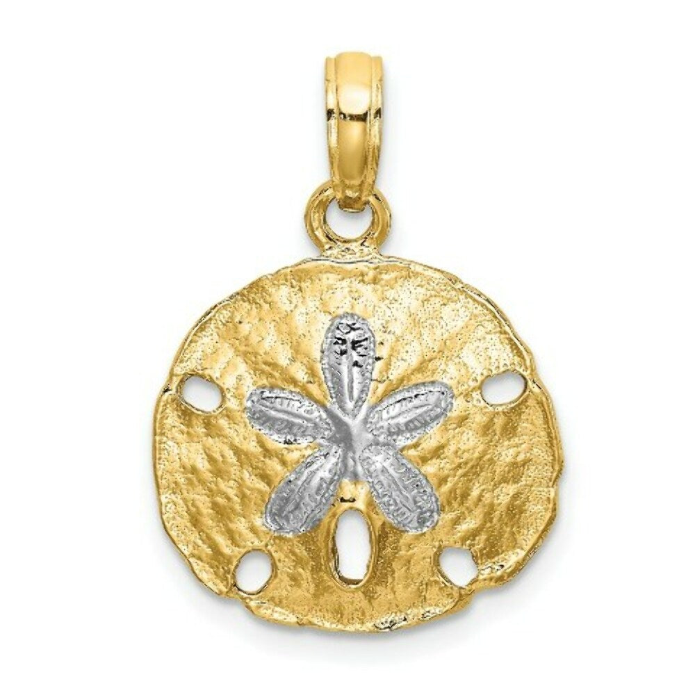 14K Yellow Gold with White Rhodium with Polished SAND DOLLAR Charm Pendant