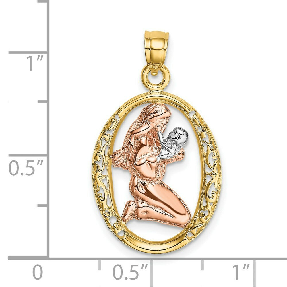 14K Tri-Color Gold Mother & Baby In Oval Frame Charm Pendant