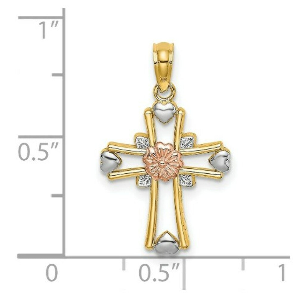 14K Tri-Color Gold Cross With Flower & Heart Charm Pendant