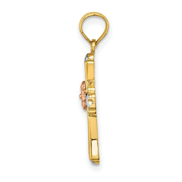 14K Tri-Color Gold Cross With Flower & Heart Charm Pendant
