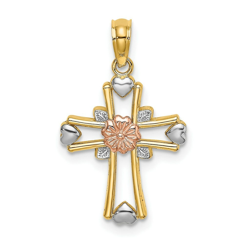 14K Tri-Color Gold Cross With Flower & Heart Charm Pendant