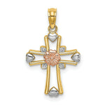 Load image into Gallery viewer, 14K Tri-Color Gold Cross With Flower &amp; Heart Charm Pendant
