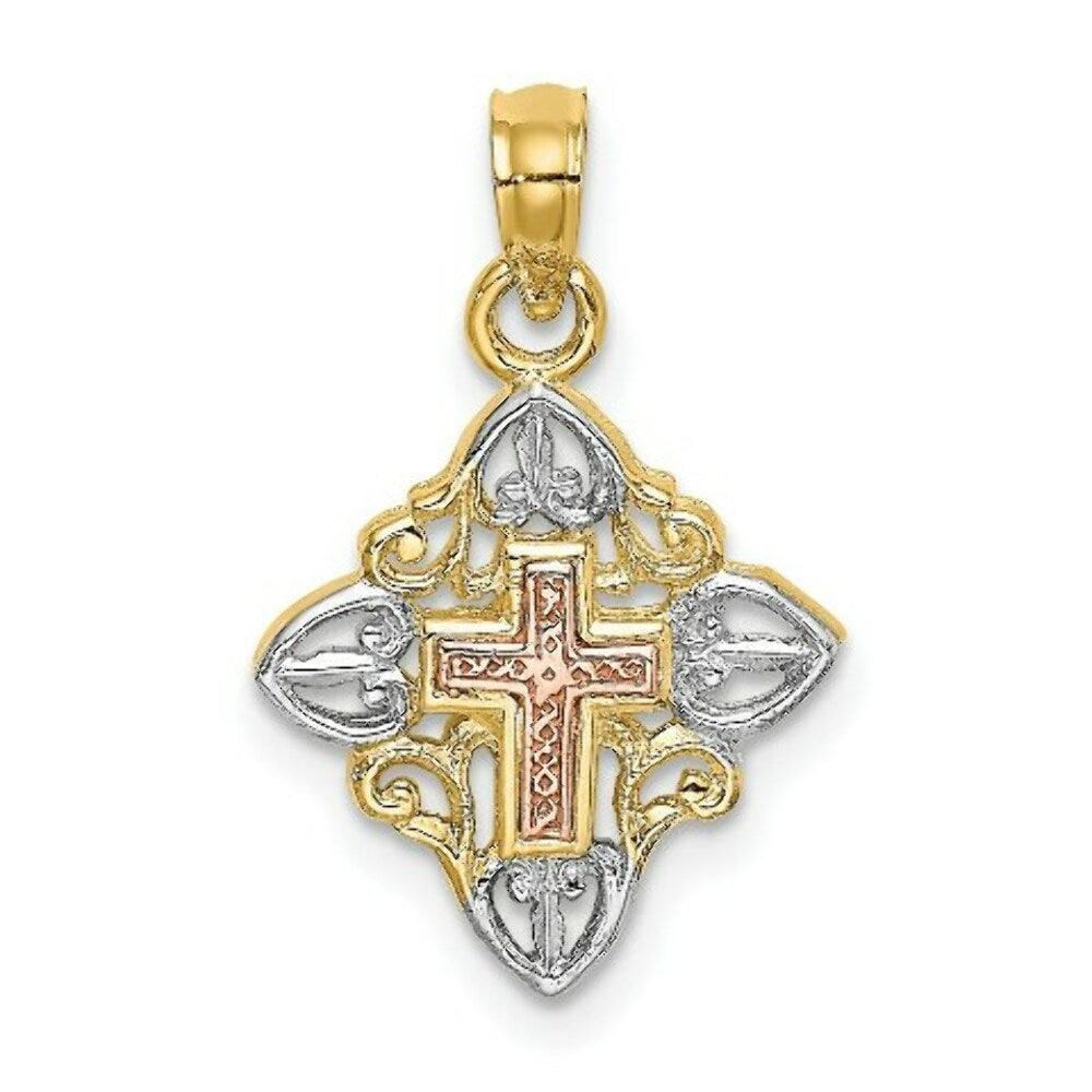 14K Tri-Color Gold Cross Inside Frame Charm Pendant