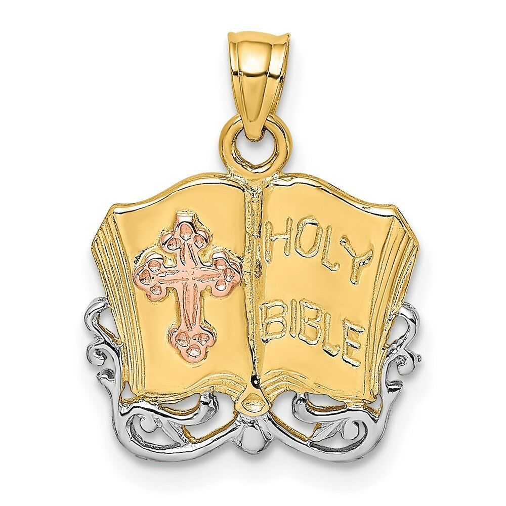 14K Rose And Yellow Gold With Holy Bible & Cross Charm Pendant