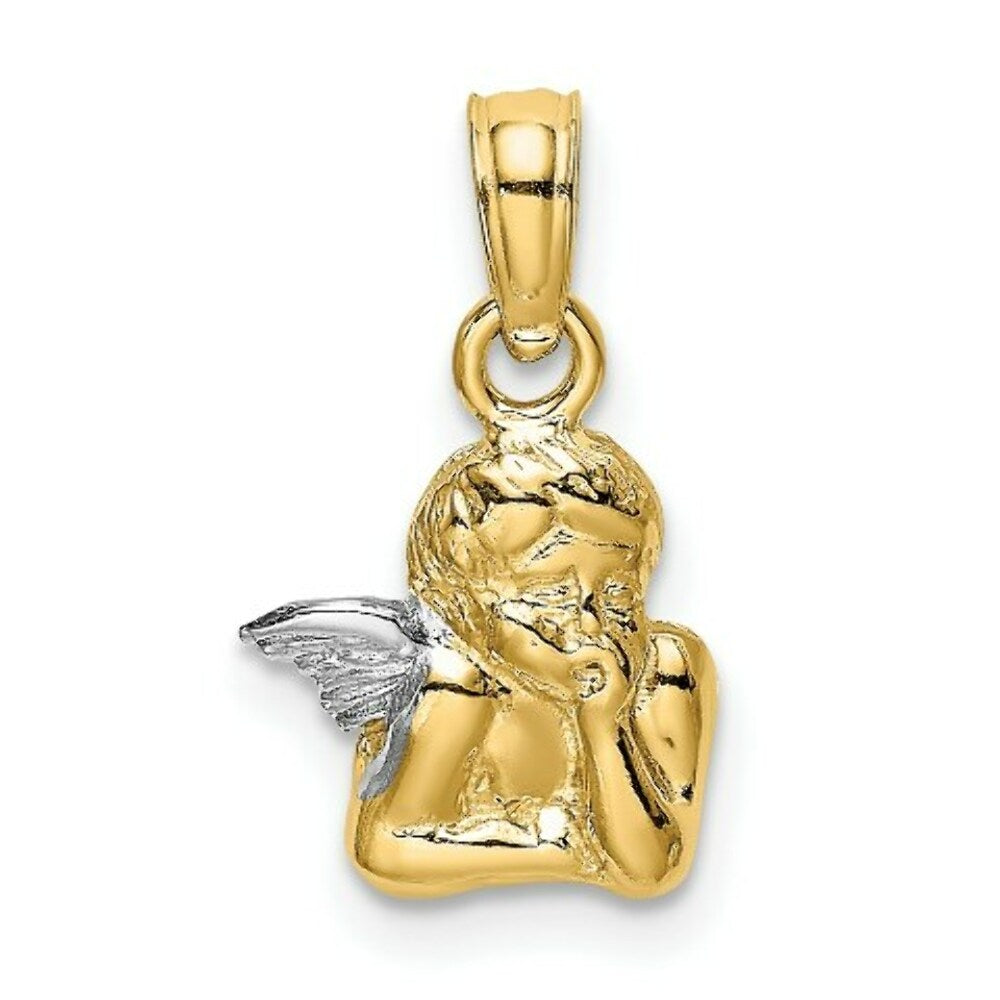 14K Yellow Gold Angel Resting On Elbow With Rhodium Wing Charm Pendant