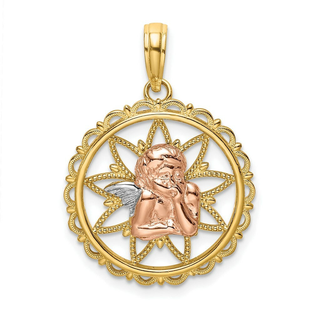 14K Tri-Color Gold Angel Resting On Elbow In Disk Charm Pendant