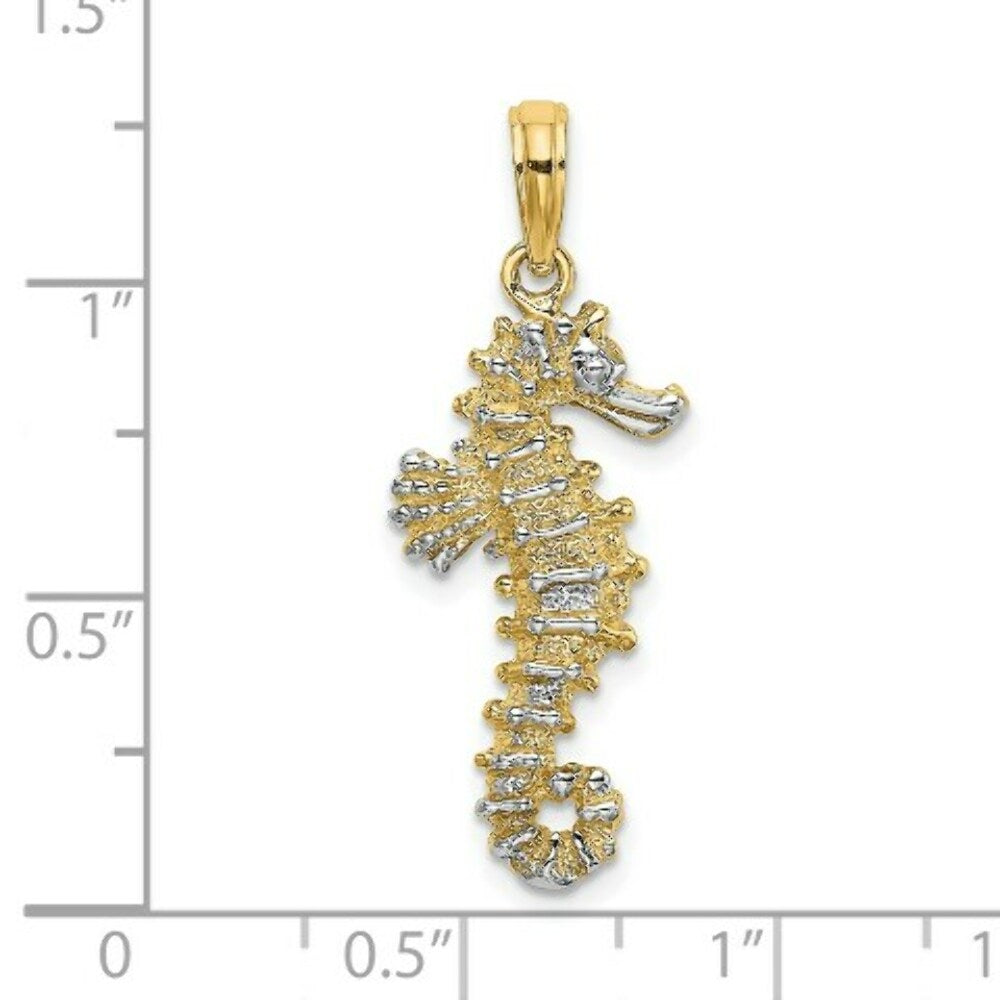 14K Yellow Gold with White Rhodium 3-D SeaHorse Charm Pendant