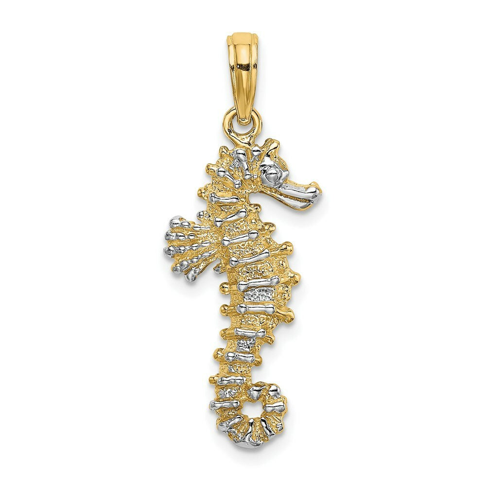 14K Yellow Gold with White Rhodium 3-D SeaHorse Charm Pendant
