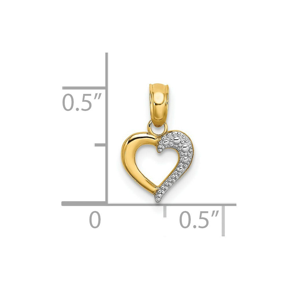 14K Yellow Gold with White Rhodium Beaded with Textured Mini Heart Charm Pendant