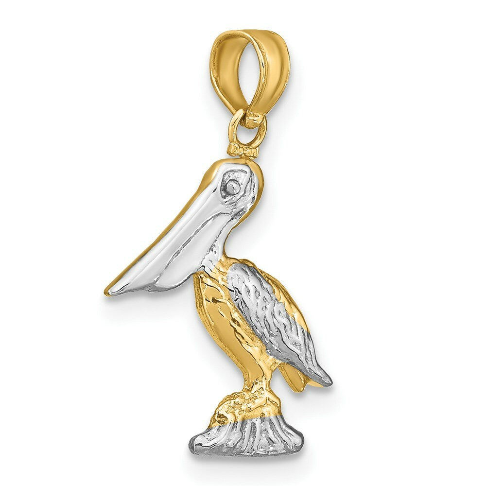 14K Yellow Gold with White Rhodium 3-D Small Standing Pelican Charm Pendant
