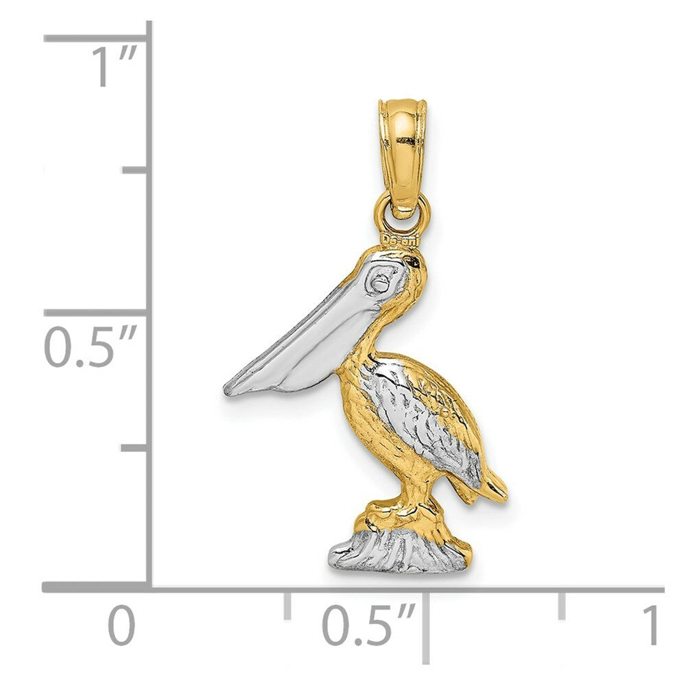 14K Yellow Gold with White Rhodium 3-D Small Standing Pelican Charm Pendant