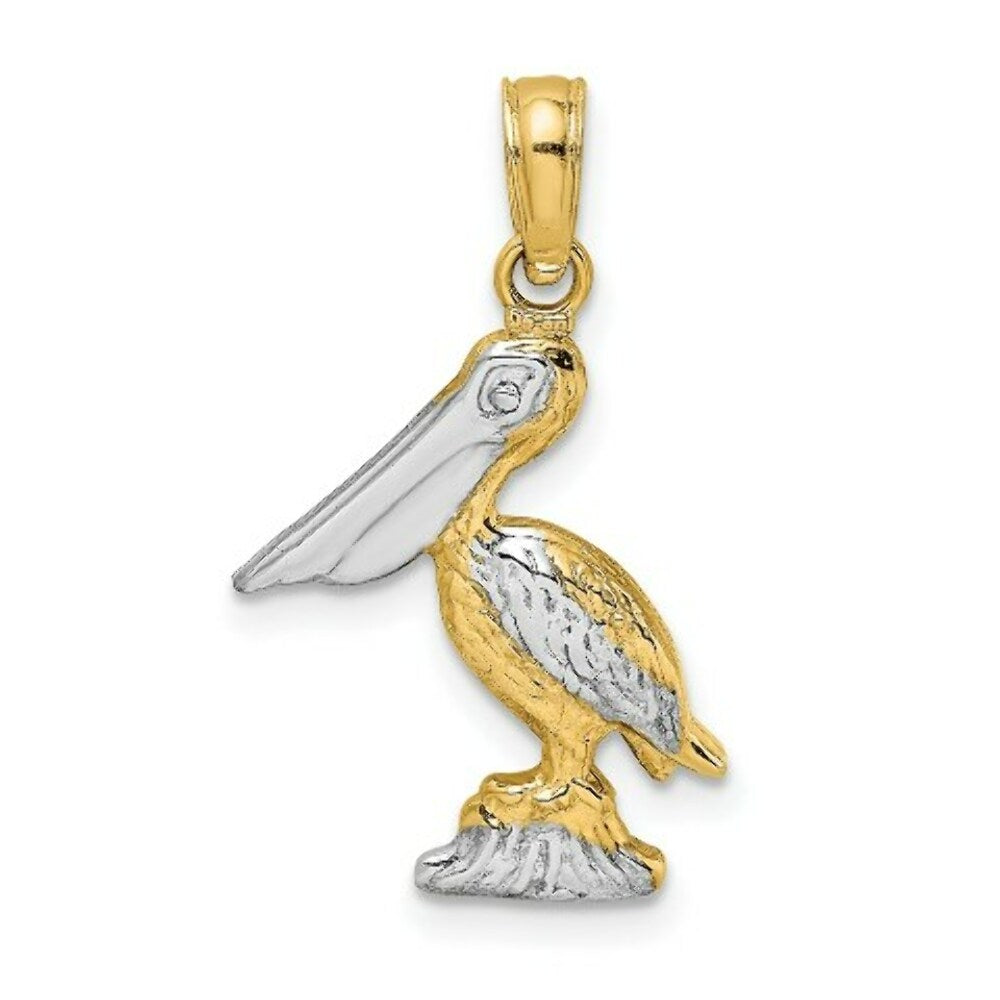 14K Yellow Gold with White Rhodium 3-D Small Standing Pelican Charm Pendant
