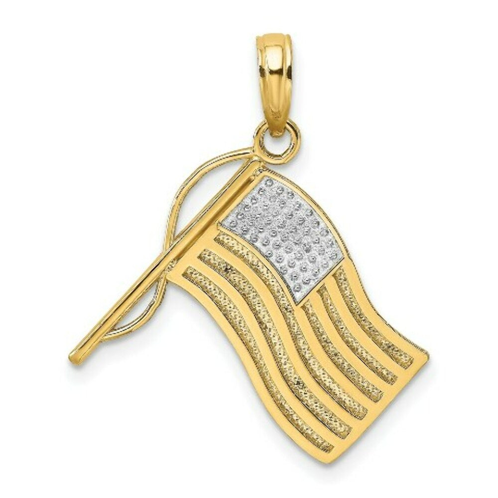 14K Yellow Gold with White Rhodium American Flag Charm Pendant