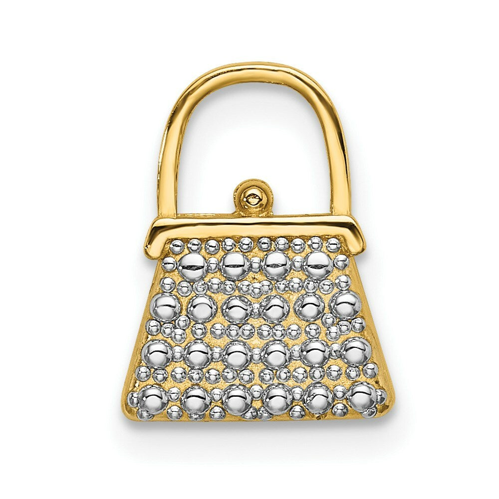 14K Yellow Gold with White Rhodium 2-D Textured with Polished Purse Charm Pendant