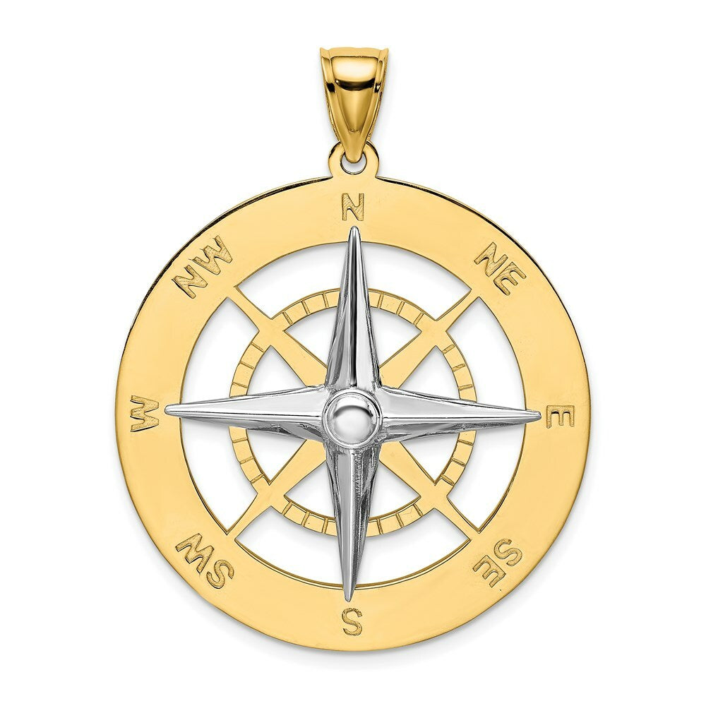 14K Two-tone Gold Nautical Compass White Needle Charm Pendant