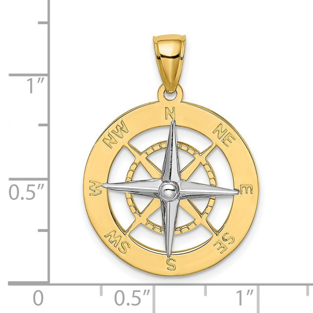 14K Two-tone Gold Nautical Compass White Needle Charm Pendant