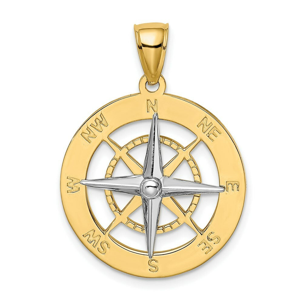 14K Two-tone Gold Nautical Compass White Needle Charm Pendant