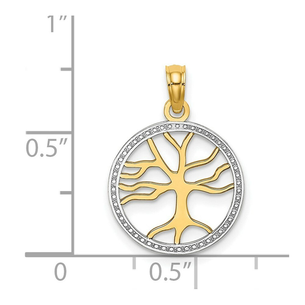 14k Yellow Gold and White Rhodium 3-D Tree of Life in Round Frame Charm Pendant