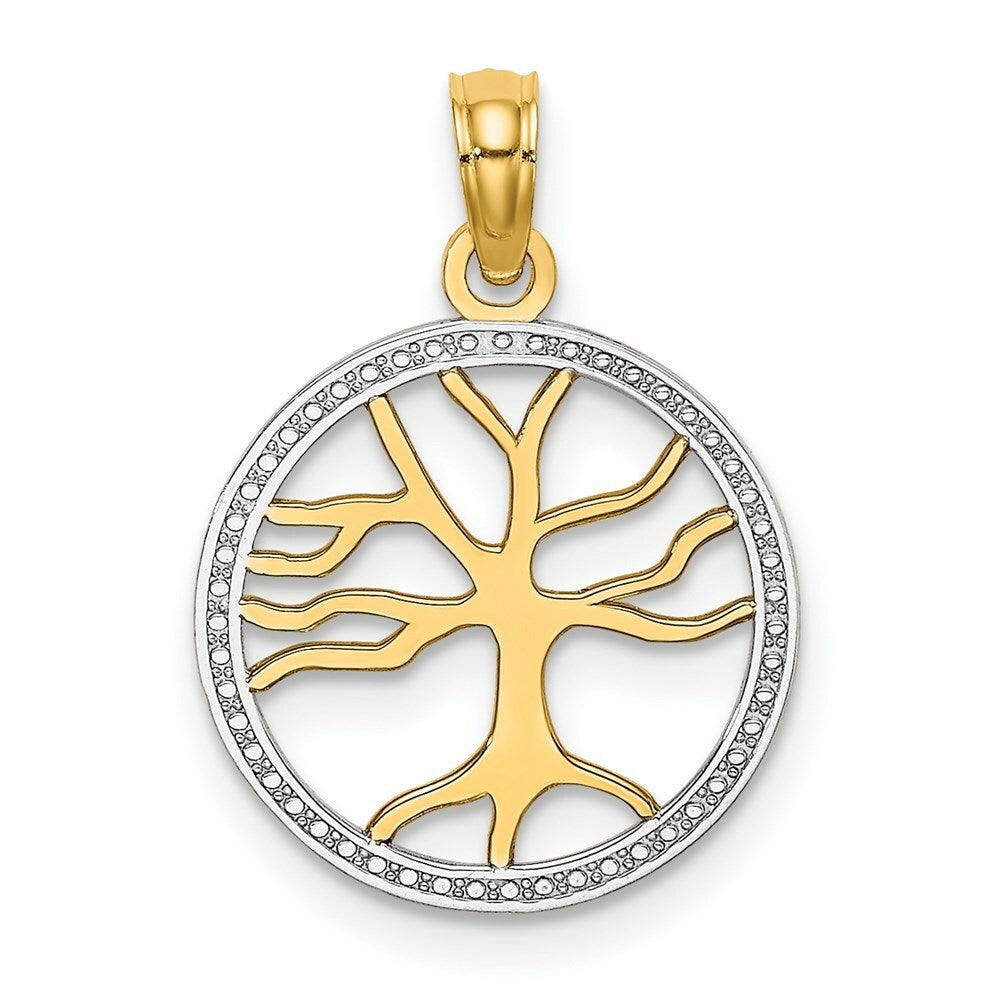 14k Yellow Gold and White Rhodium 3-D Tree of Life in Round Frame Charm Pendant