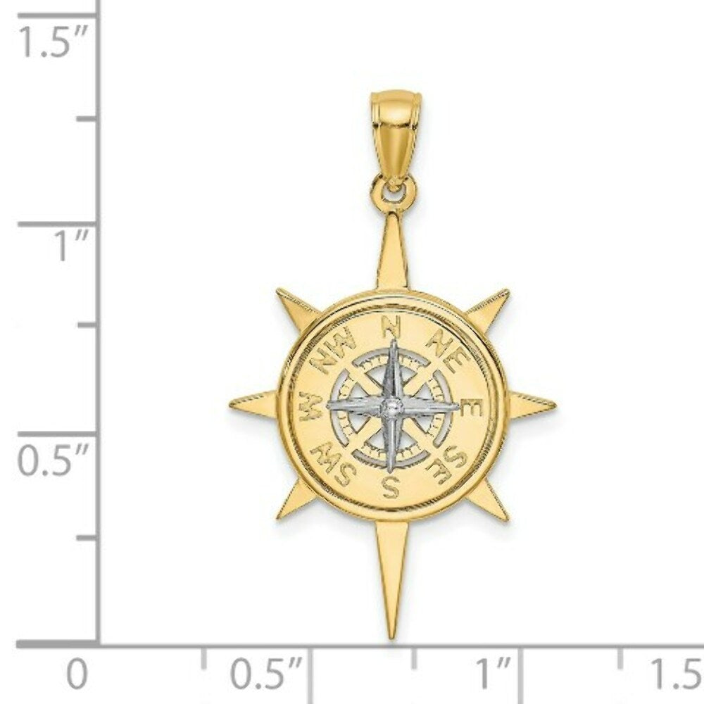 14K Two-tone Gold Star With Nautical Compass White Needle Charm Pendant