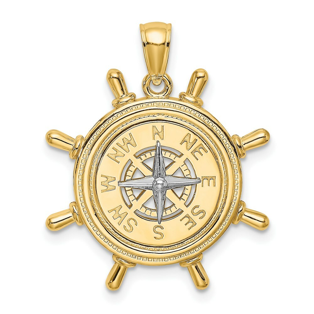 14K Two-tone Gold Ship Wheel With Nautical Compass Charm Pendant