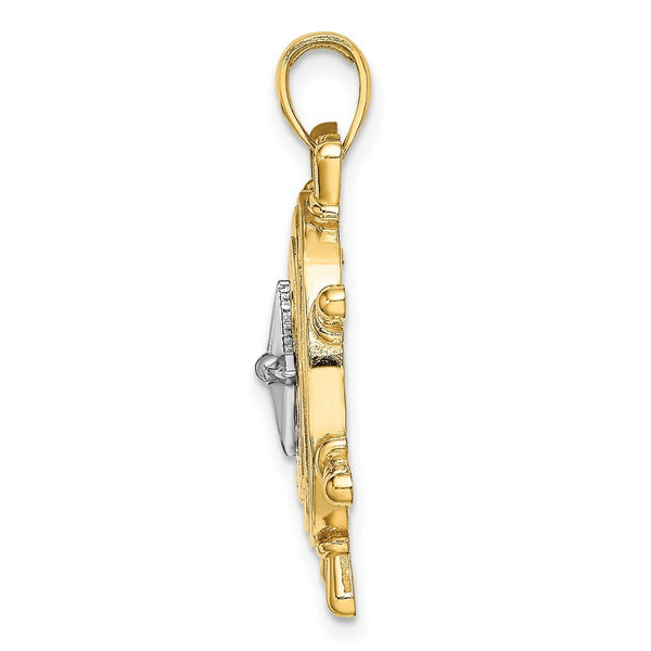 14K Two-tone Gold Ship Wheel With Nautical Compass Charm Pendant