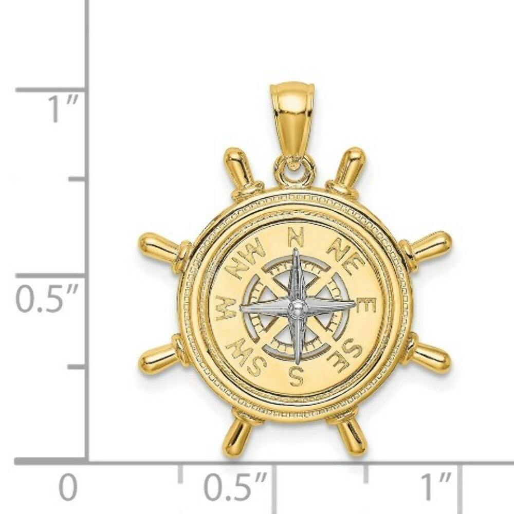 14K Two-tone Gold Ship Wheel With Nautical Compass Charm Pendant