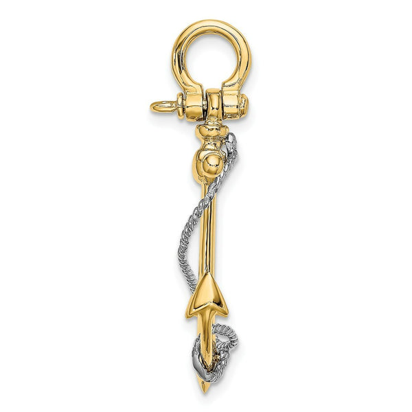 14K Two-tone Gold 3-D Anchor With T Bar & Rope With Shackle Bail Charm Pendant