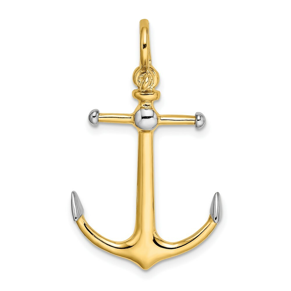 14K Yellow Gold and White Rhodium 3-D ANCHOR With Long T Bar With Shackle bail Charm Pendant