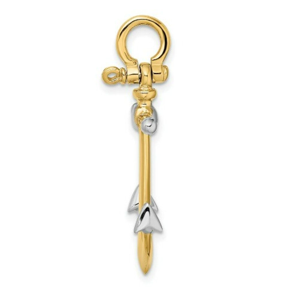 14K Yellow Gold and White Rhodium 3-D ANCHOR With Long T Bar With Shackle bail Charm Pendant