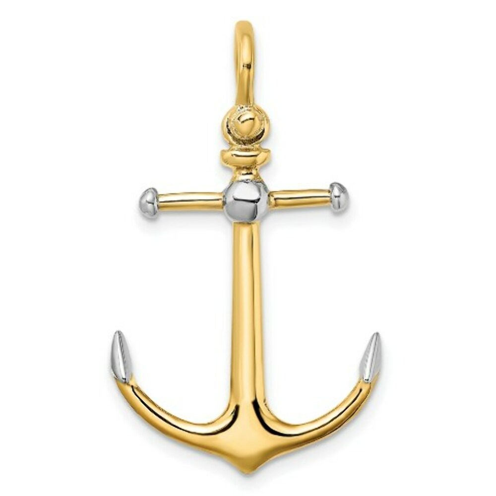 14K Yellow Gold and White Rhodium 3-D ANCHOR With Long T Bar With Shackle bail Charm Pendant