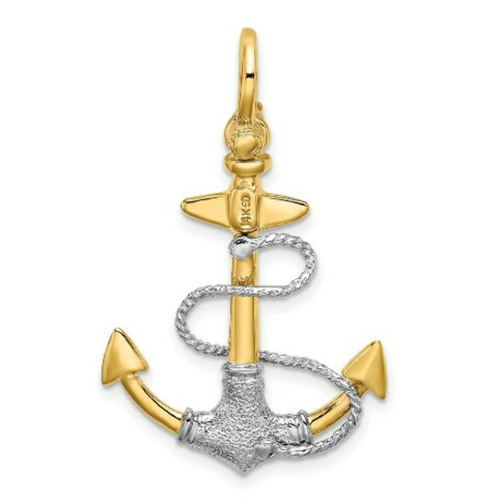14K Two-tone Gold 3-D Textured Anchor With Rope & Shackle bail Charm Pendant